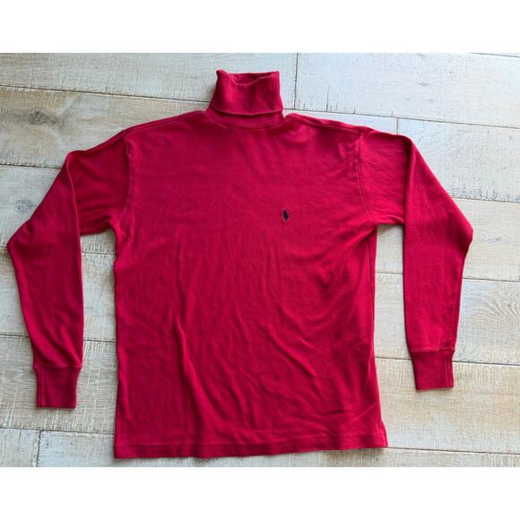 Y2K Ralph Lauren Cotton Turtleneck – Red Long Sleeve Shirt with Navy Pony Logo - Picture 1 of 4